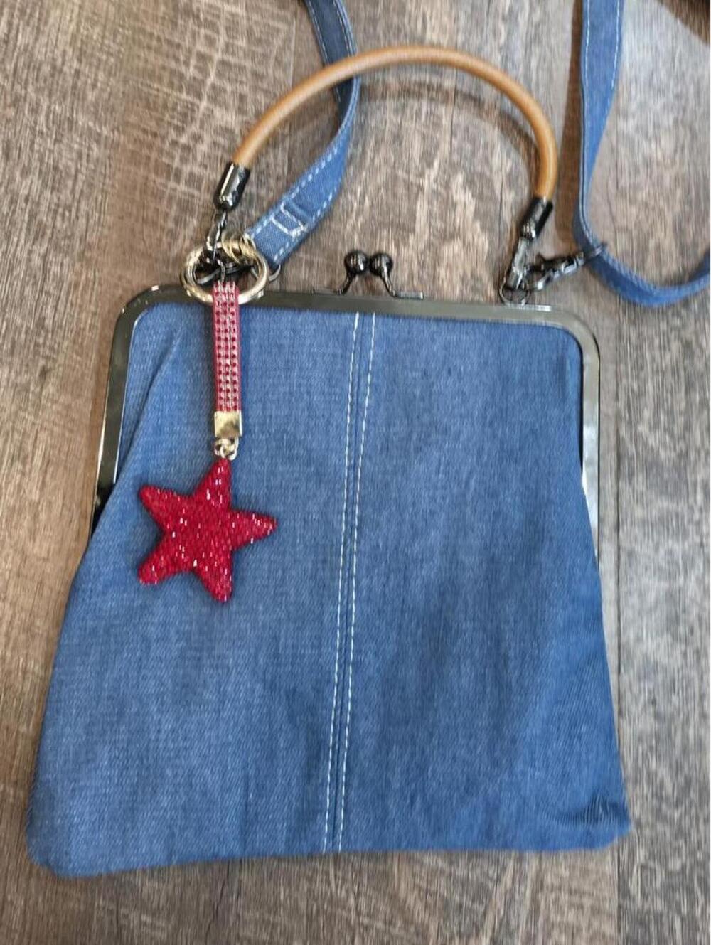 Blue Denim Crossbody Bag with Red Star Bag Charm 4th of July
